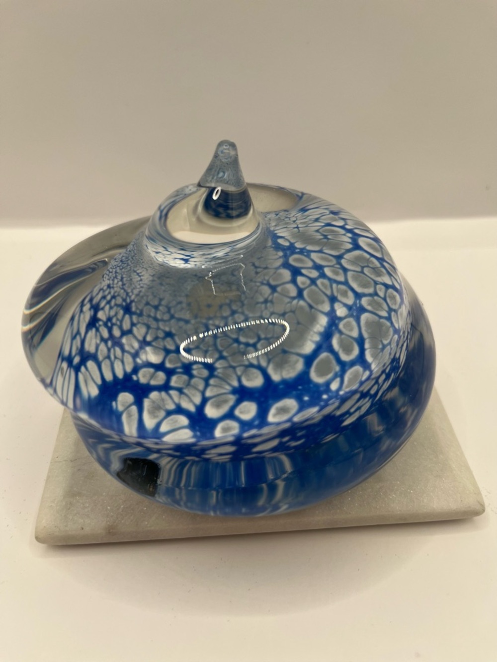 Vtg FM RONNEBY Blue & White Swirl Shell Handblown Art Glass Decor/Paperweight